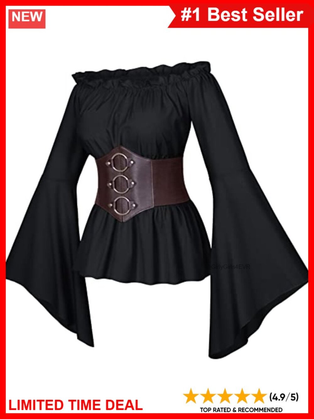 Victorian Boho Peasant Blouse Off Shoulder Ruffle Corset Belt Set